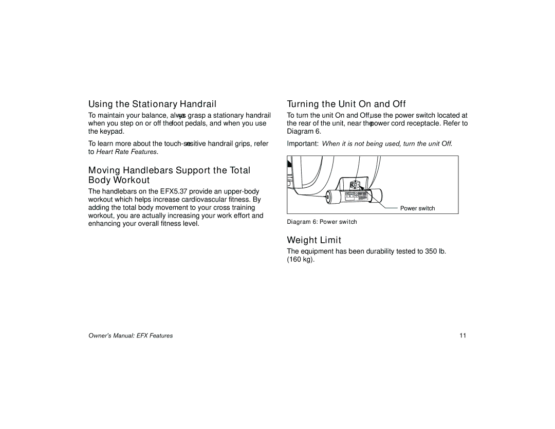 Precor 5.37 Using the Stationary Handrail, Moving Handlebars Support the Total Body Workout, Turning the Unit On and Off 
