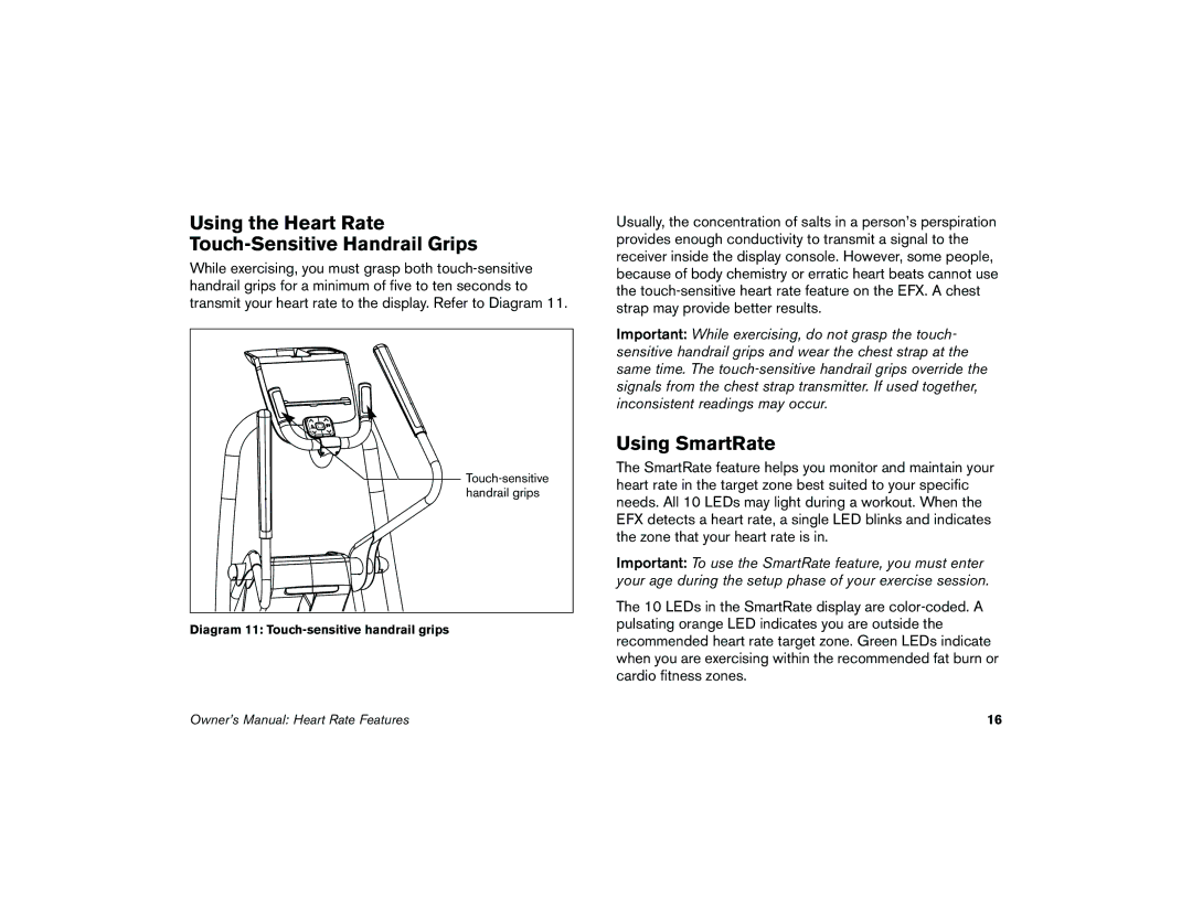 Precor 5.37 manual Using the Heart Rate Touch-Sensitive Handrail Grips, Using SmartRate 