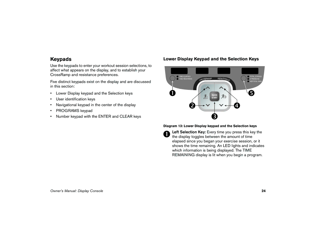 Precor 5.37 manual Keypads, Lower Display Keypad and the Selection Keys 