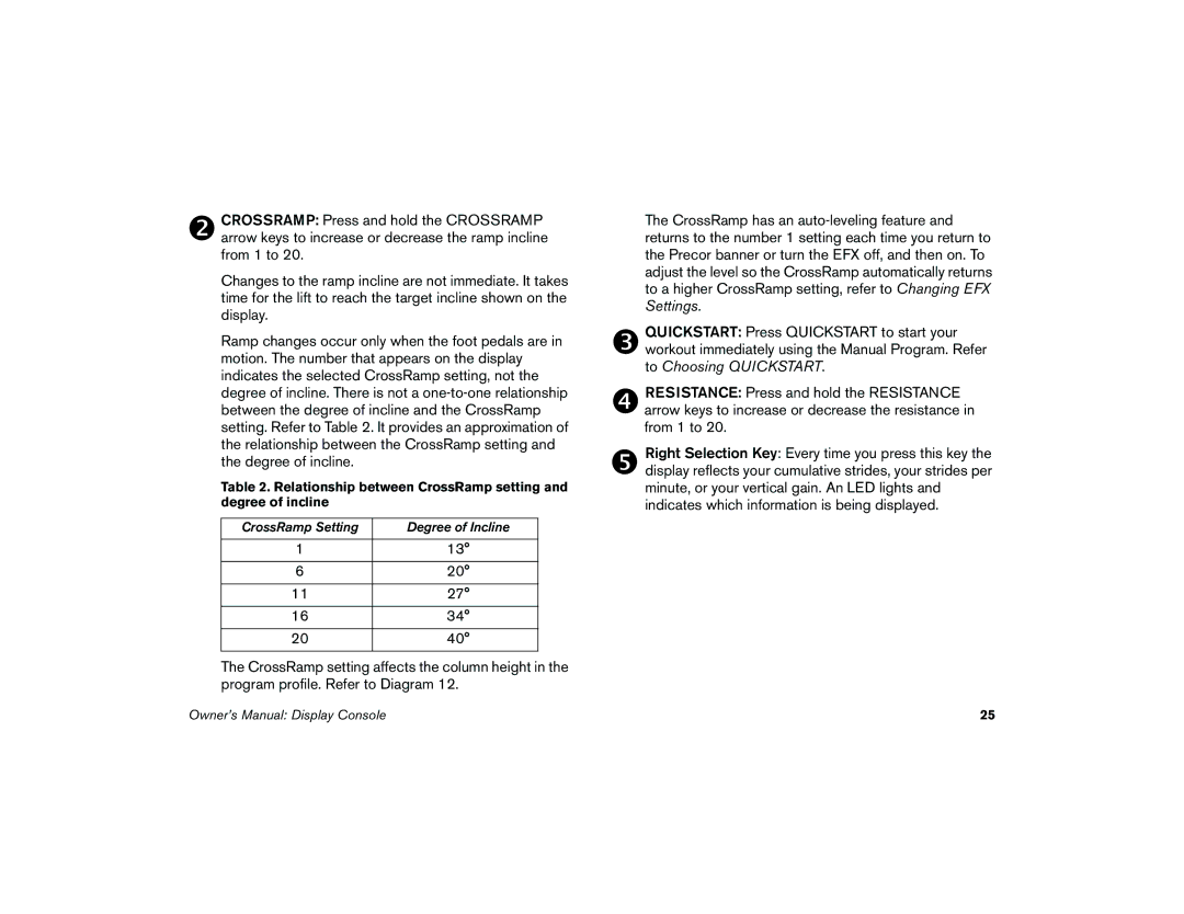 Precor 5.37 manual Relationship between CrossRamp setting and degree of incline 