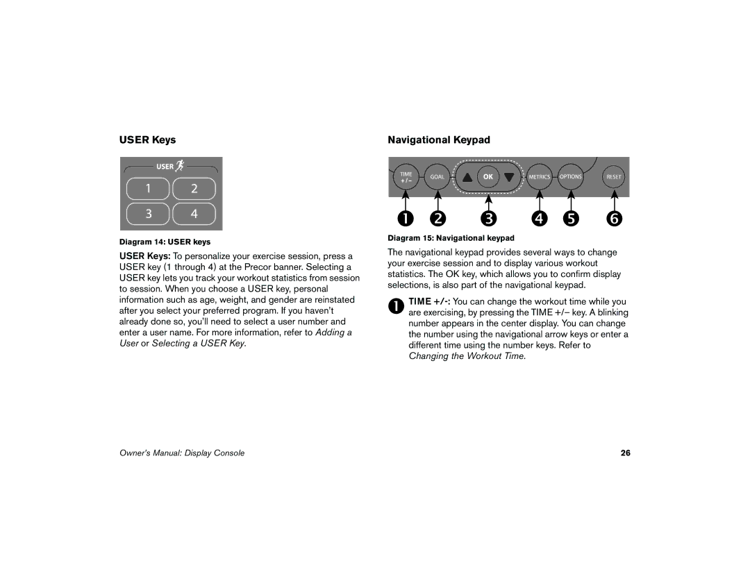 Precor 5.37 manual User Keys Navigational Keypad 