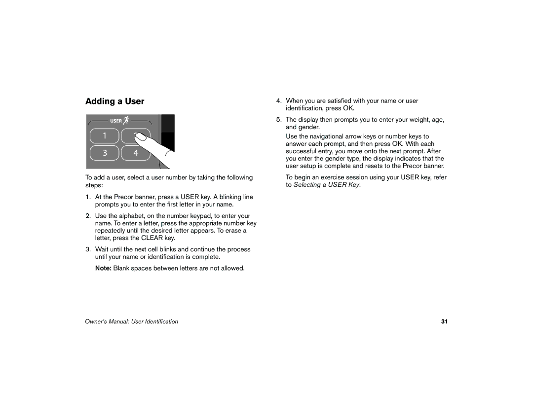 Precor 5.37 manual Adding a User 