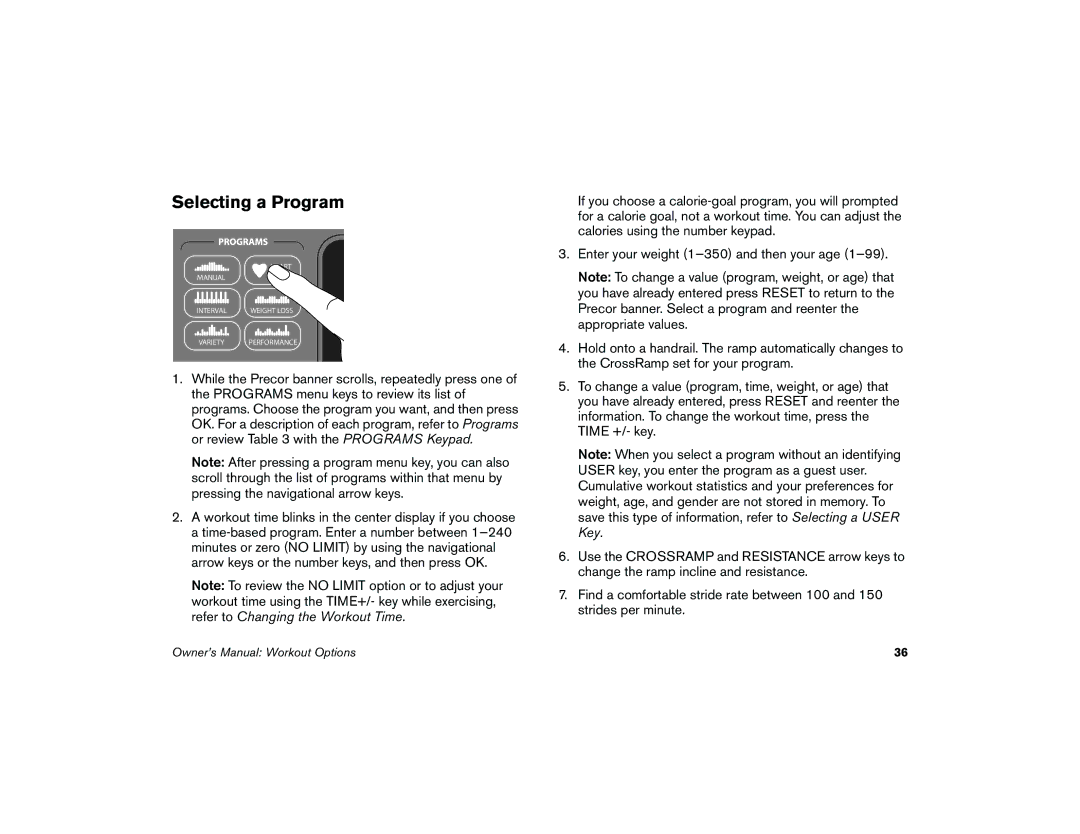 Precor 5.37 manual Selecting a Program 