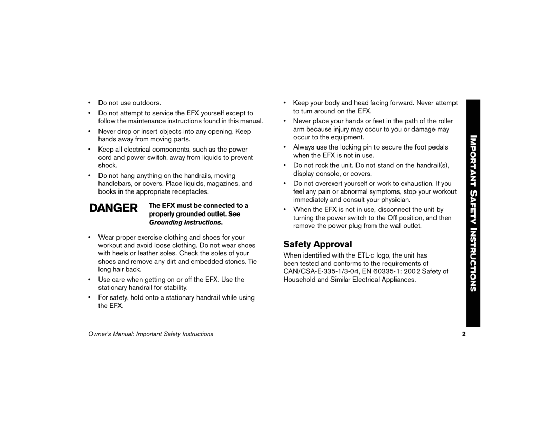 Precor 5.37 manual Safety Approval, EFX must be connected to a, Properly grounded outlet. See 