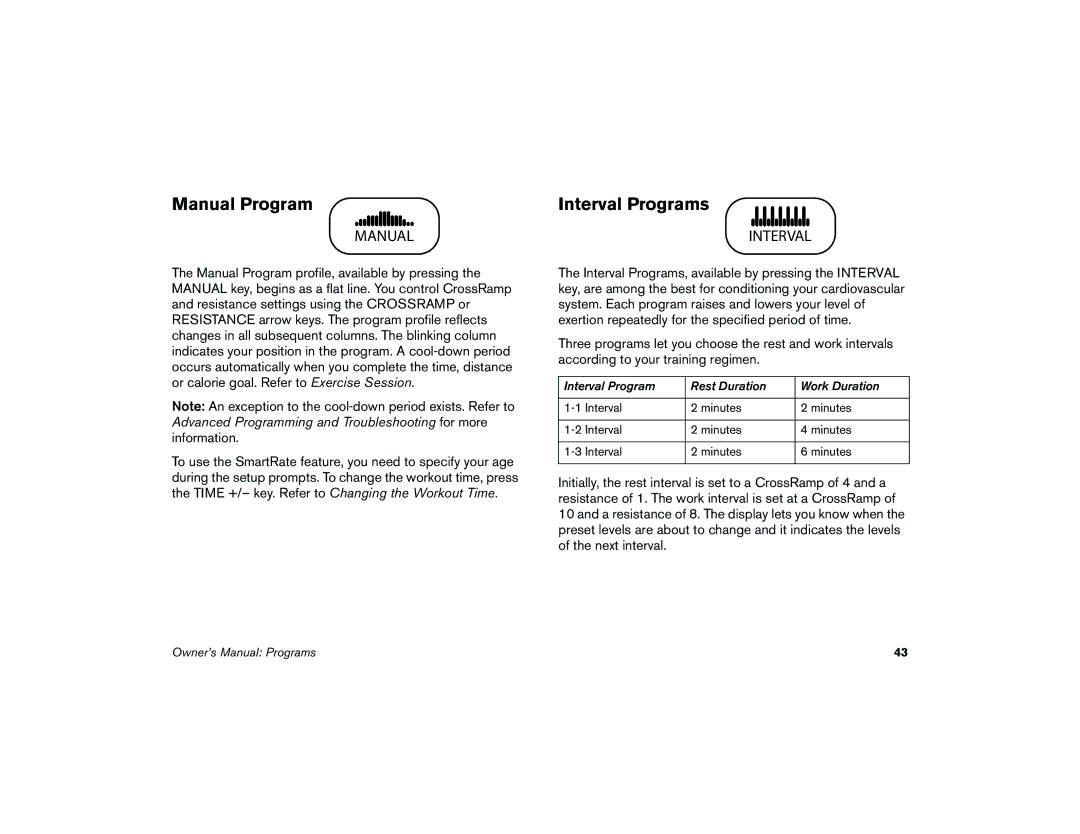 Precor 5.37 manual Manual Program, Interval Programs 