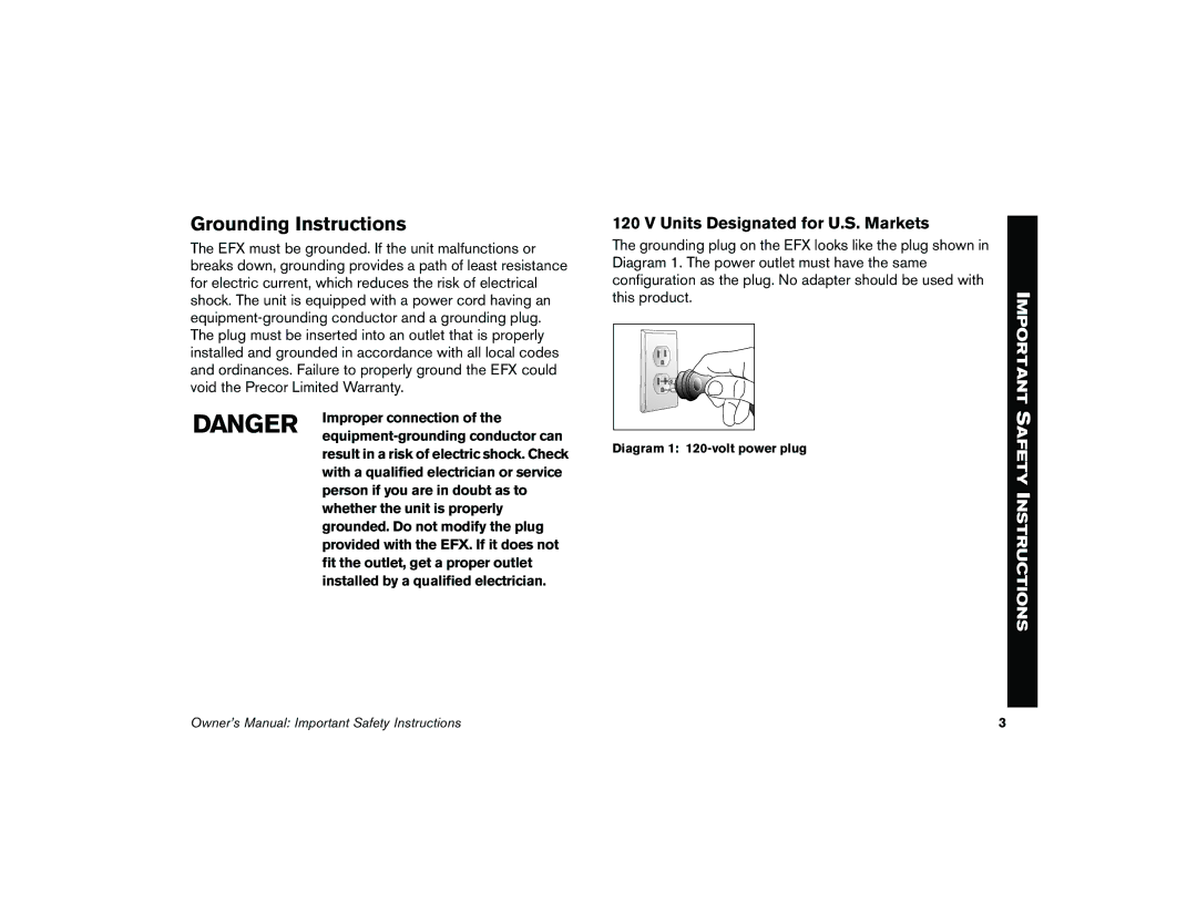 Precor 5.37 manual Grounding Instructions, Units Designated for U.S. Markets 