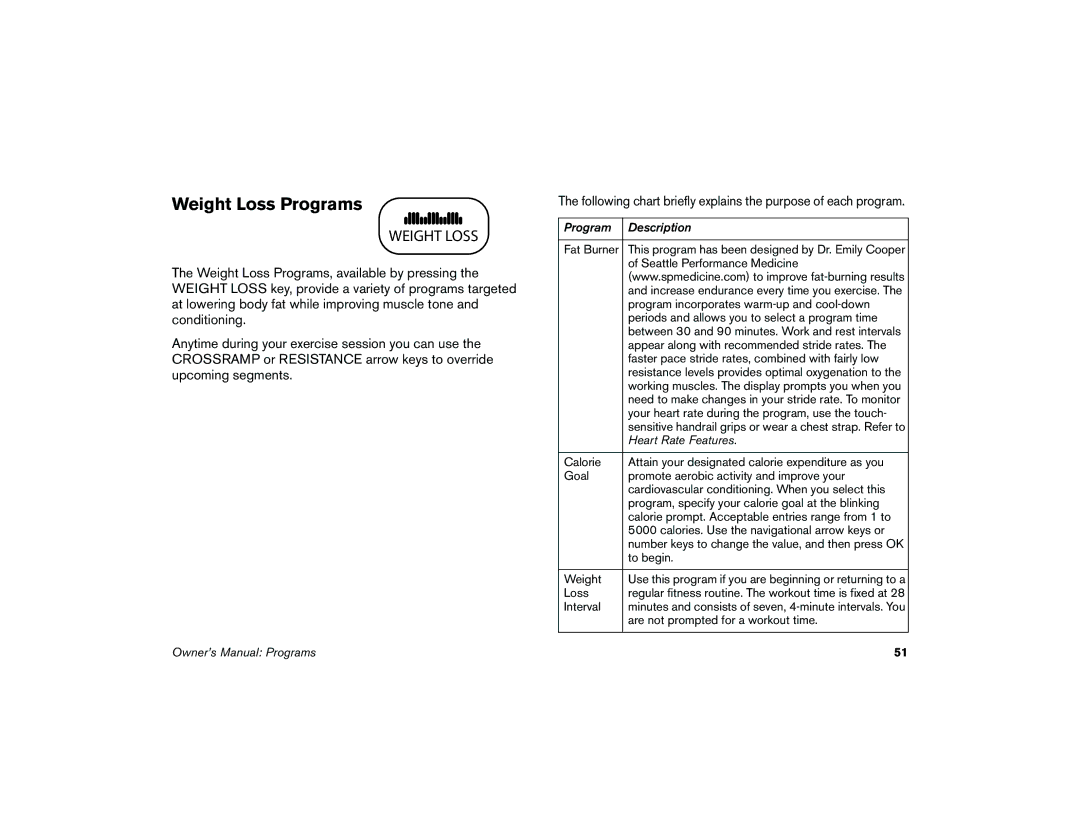 Precor 5.37 manual Weight Loss Programs 