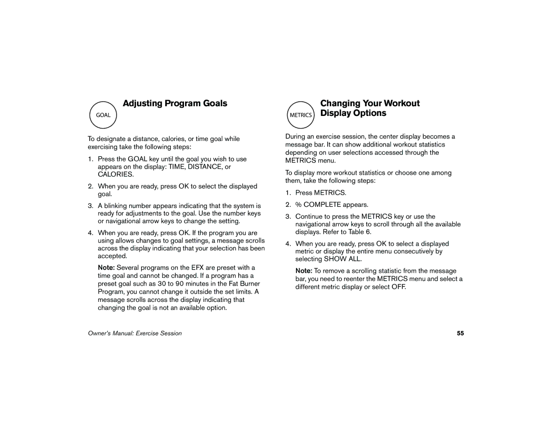 Precor 5.37 manual Adjusting Program Goals, Changing Your Workout Display Options 