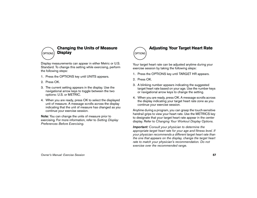 Precor 5.37 manual Changing the Units of Measure Display, Adjusting Your Target Heart Rate 