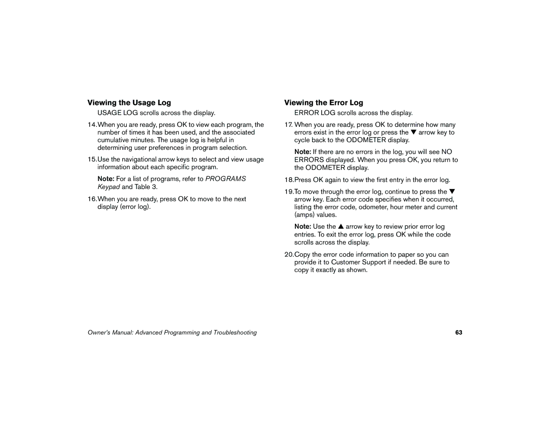 Precor 5.37 manual Viewing the Usage Log, Viewing the Error Log 