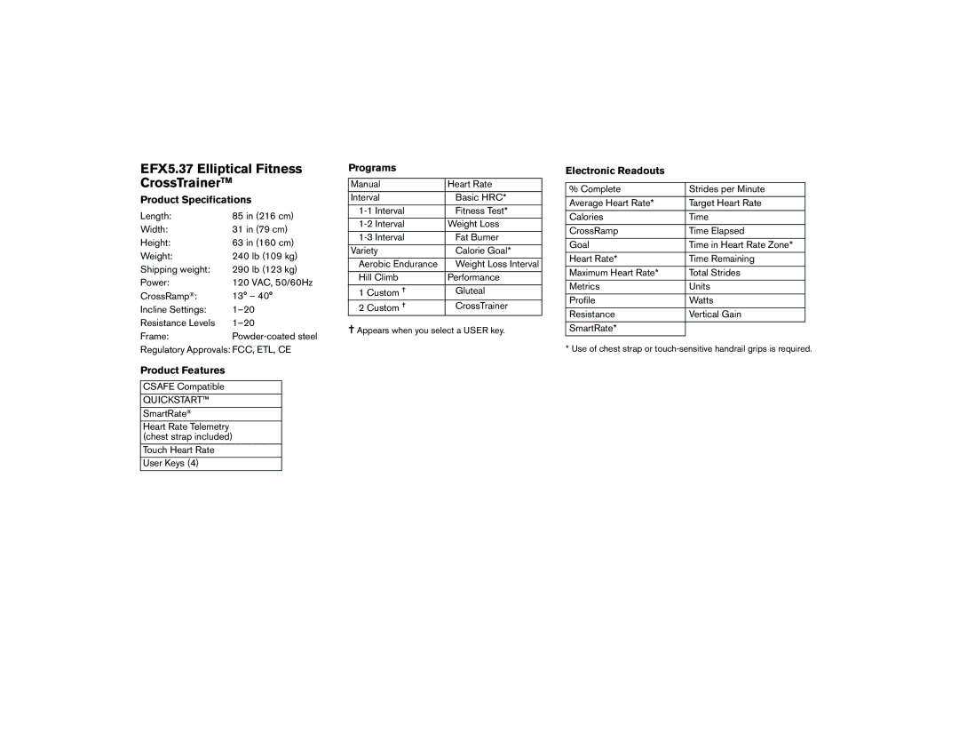 Precor manual EFX5.37 Elliptical Fitness CrossTrainerTM, Product Specifications 