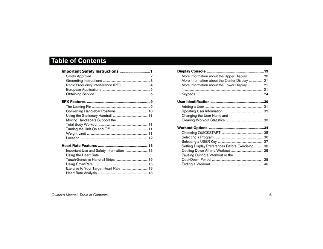 Precor 5.37 manual Table of Contents 