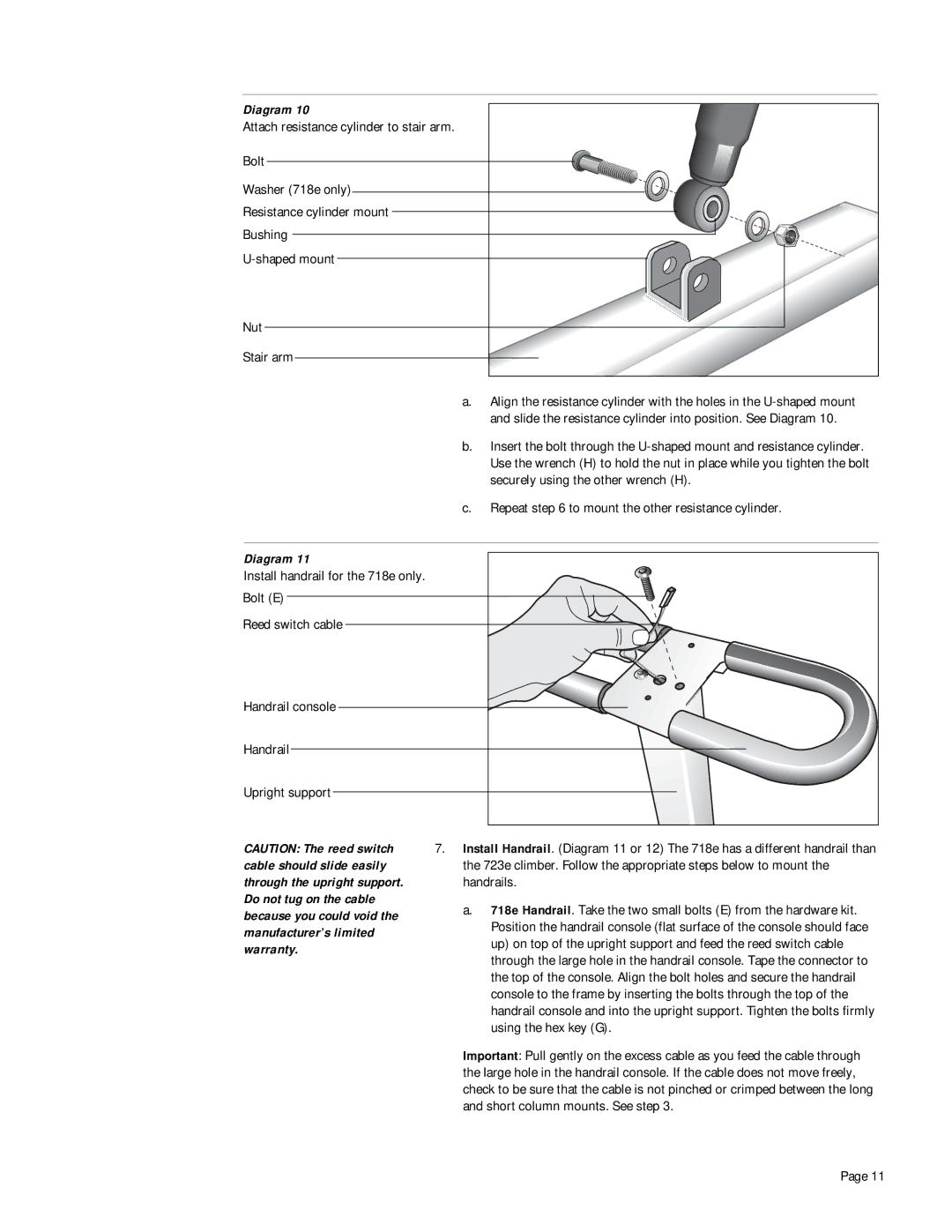 Precor 723e, 718e owner manual Handrails, Using the hex key G, Short column mounts. See step 