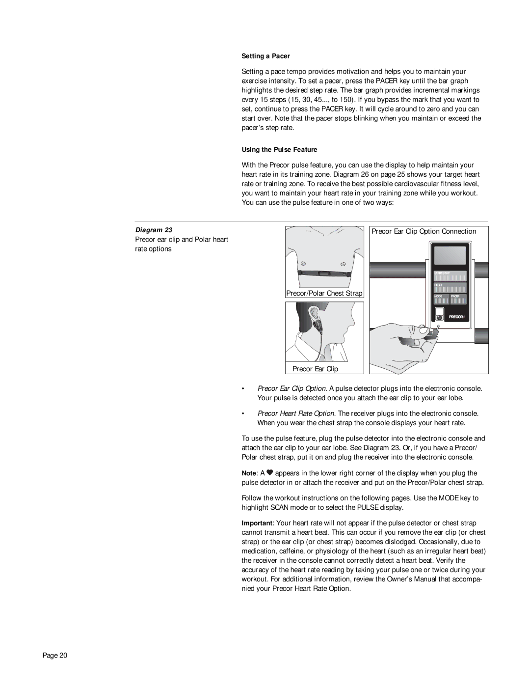 Precor 718e, 723e owner manual Setting a Pacer, Using the Pulse Feature, Precor ear clip and Polar heart rate options 