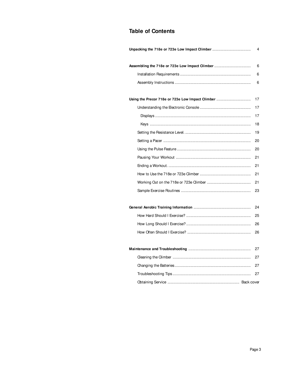 Precor 723e, 718e owner manual Table of Contents 