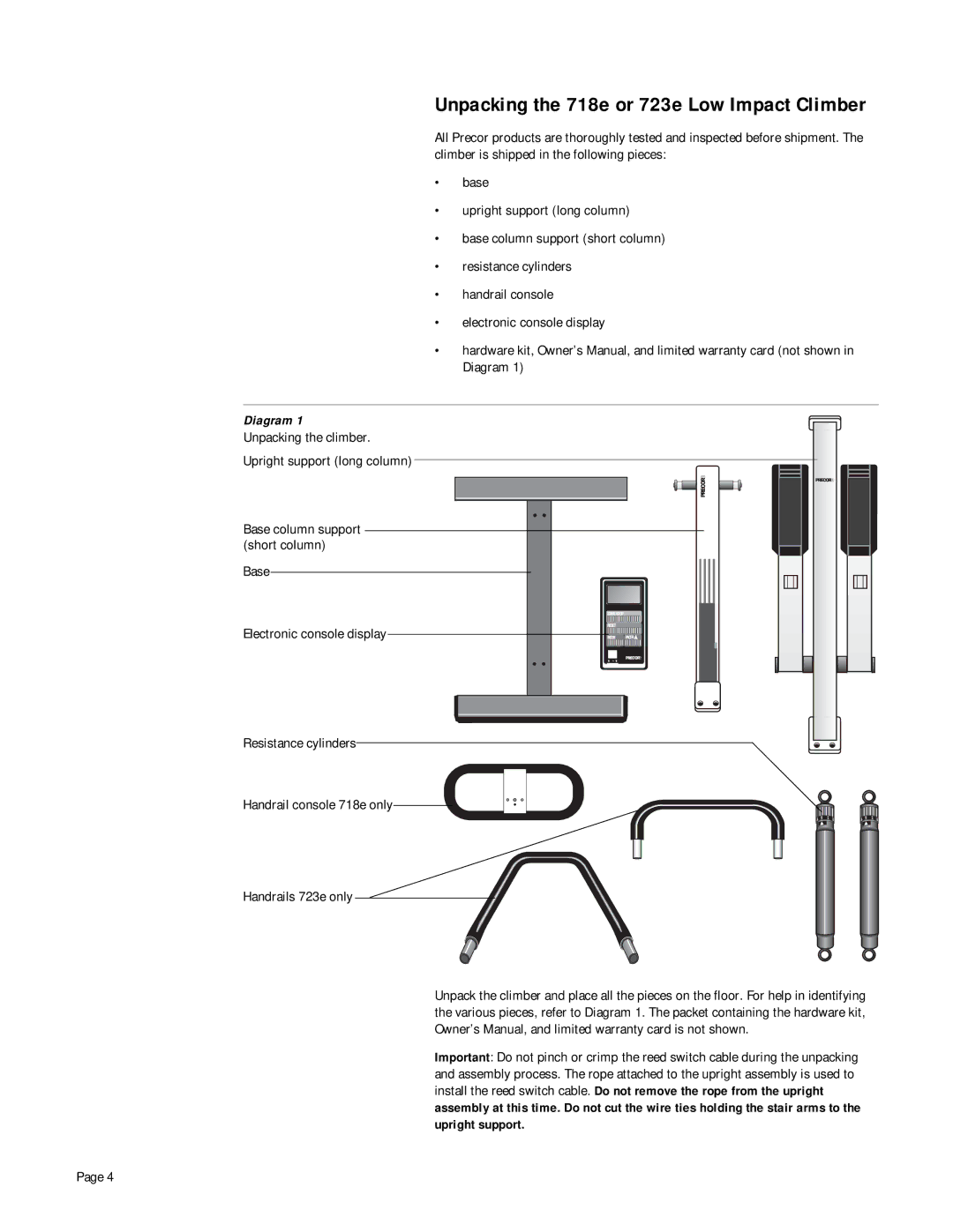 Precor owner manual Unpacking the 718e or 723e Low Impact Climber, Unpacking the climber Upright support long column 