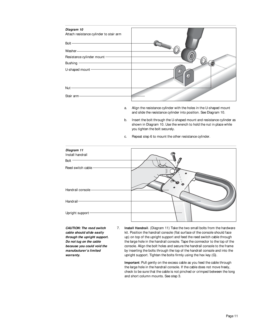 Precor 718e owner manual Install handrail Bolt Reed switch cable 