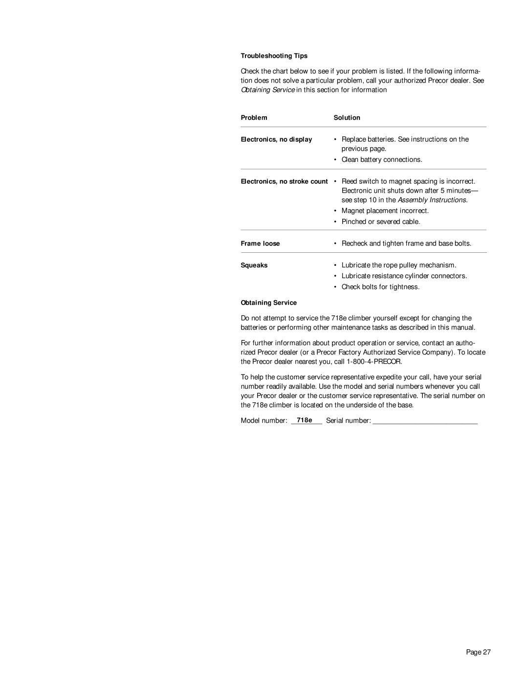 Precor 718e Troubleshooting Tips, Problem Solution Electronics, no display, Frame loose, Squeaks, Obtaining Service 