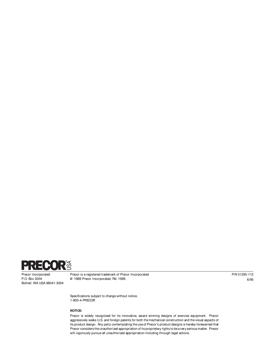 Precor 718e owner manual 31295-112 6/95 