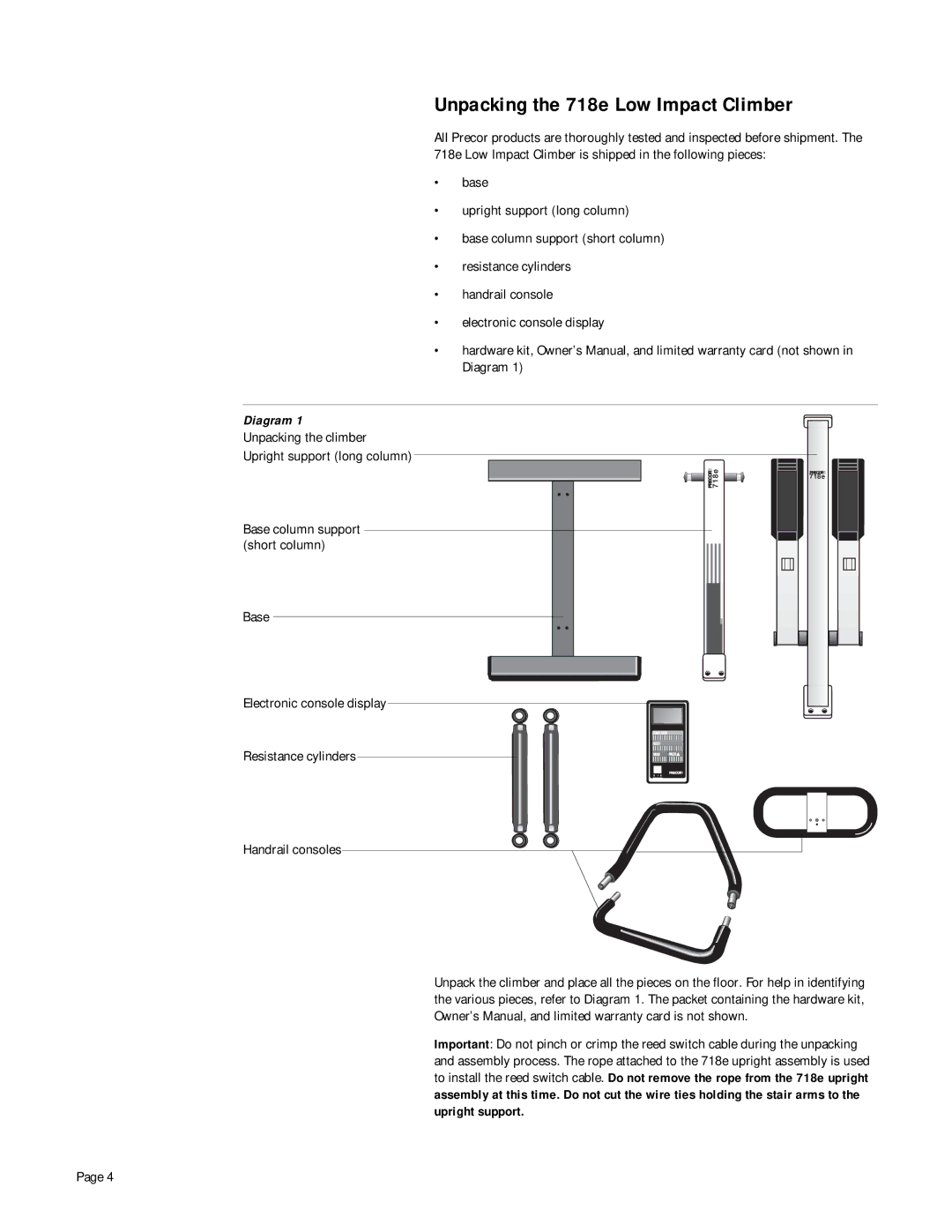 Precor owner manual Unpacking the 718e Low Impact Climber, Diagram 