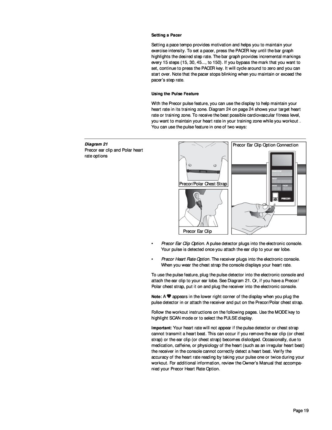 Precor 718e owner manual Setting a Pacer, Using the Pulse Feature 
