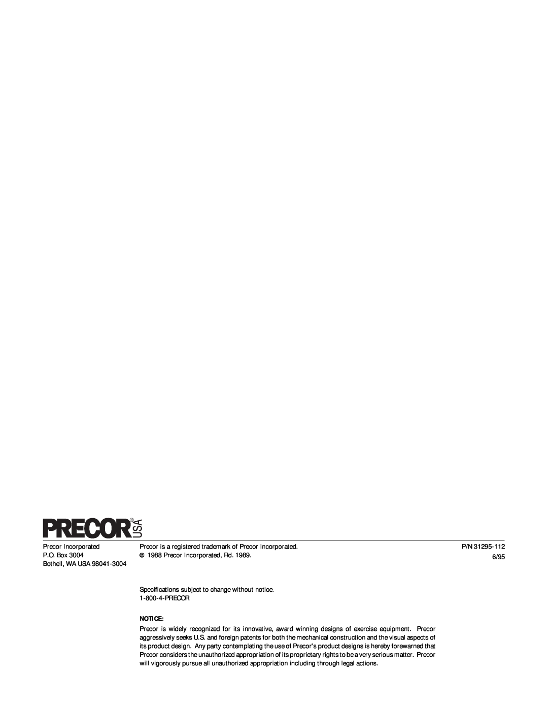Precor 718e owner manual Precor Incorporated 