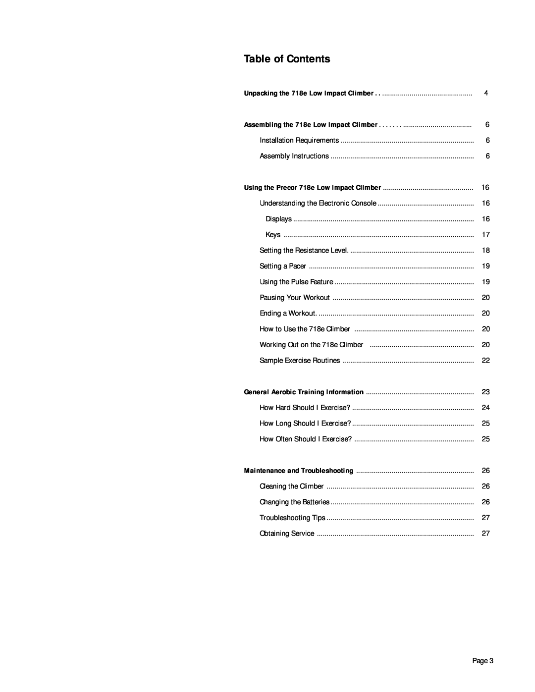 Precor 718e owner manual Table of Contents, Understanding the Electronic Console 