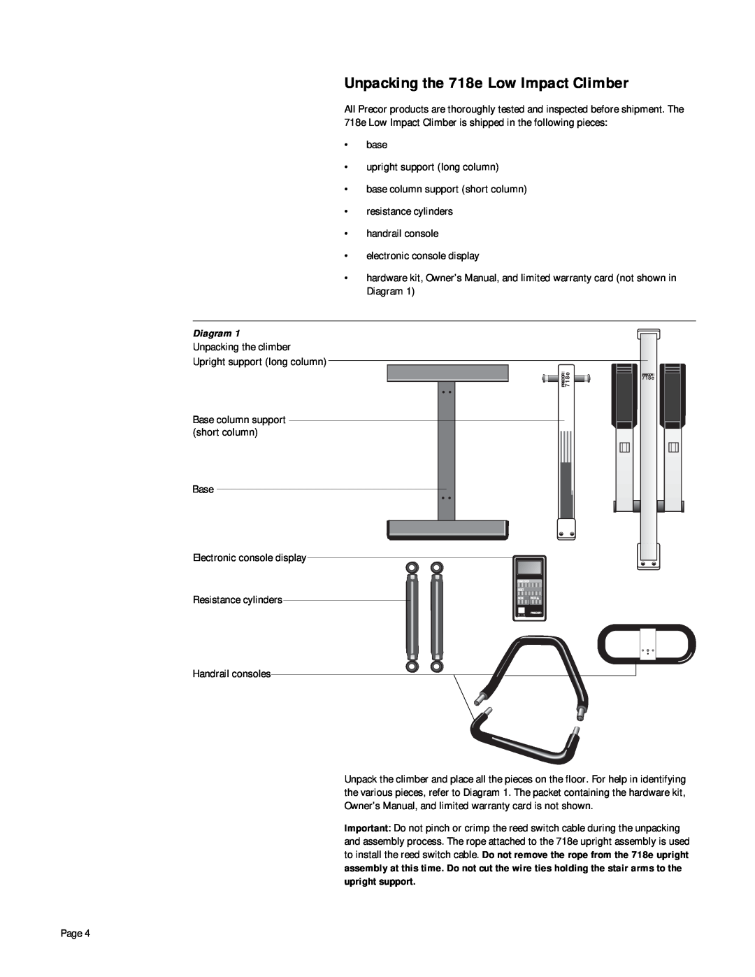 Precor owner manual Unpacking the 718e Low Impact Climber, Diagram 