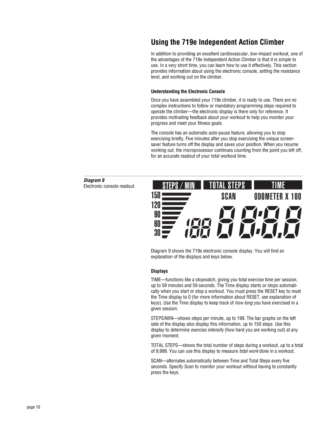 Precor owner manual Using the 719e Independent Action Climber, Understanding the Electronic Console, Displays 