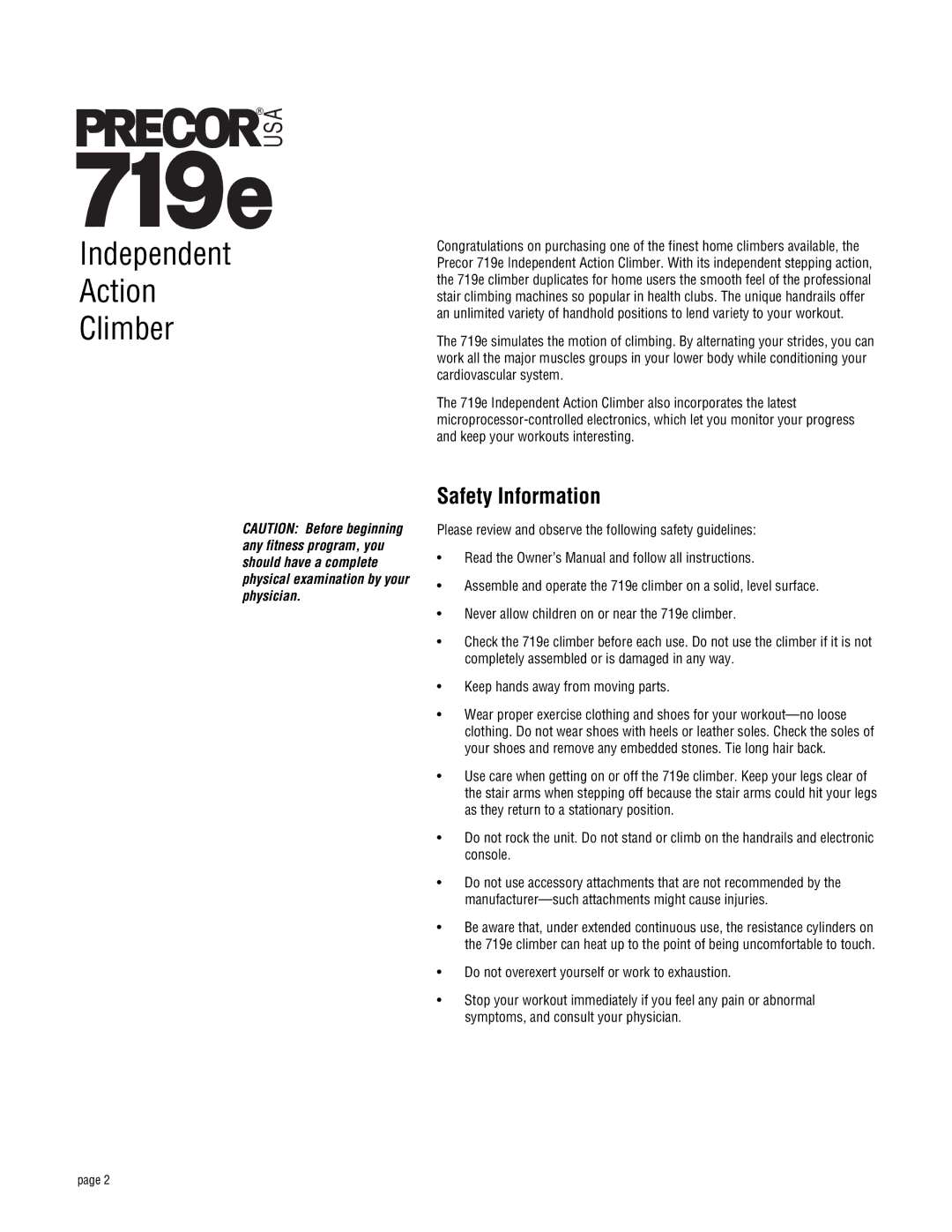 Precor 719e owner manual Safety Information 