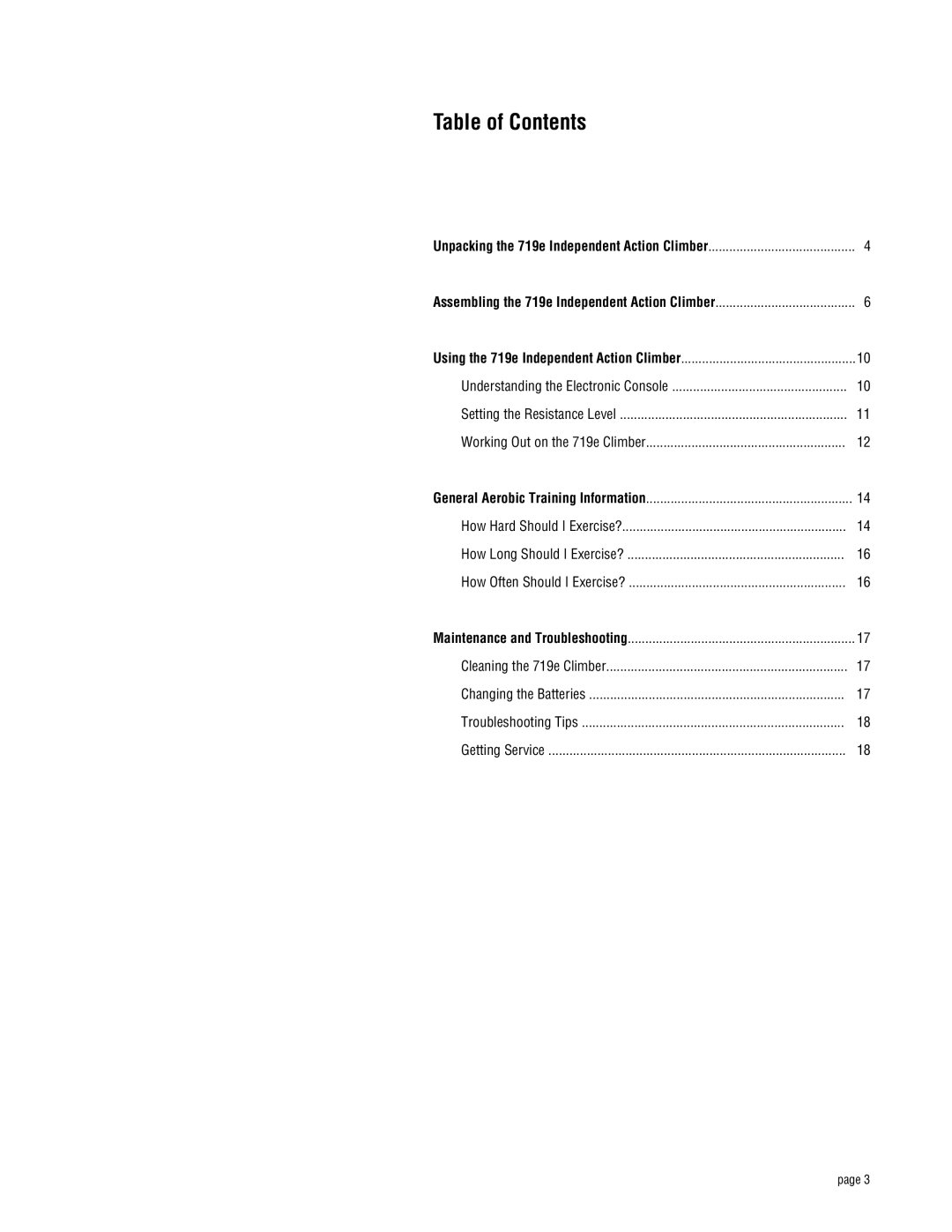 Precor 719e owner manual Table of Contents 