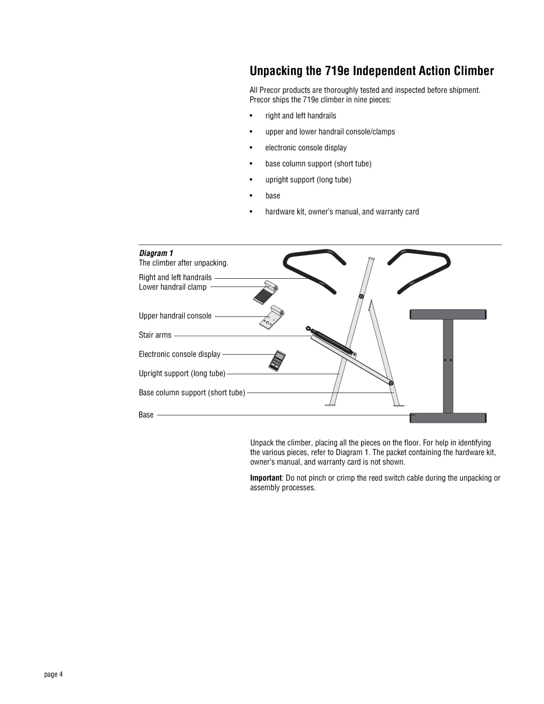 Precor owner manual Unpacking the 719e Independent Action Climber 