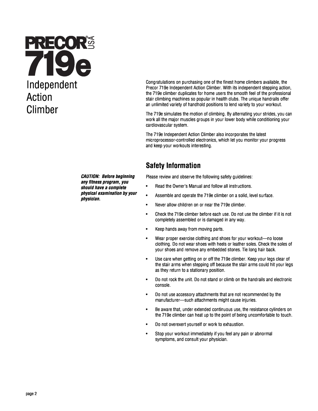 Precor 719e owner manual Safety Information, Independent Action Climber 