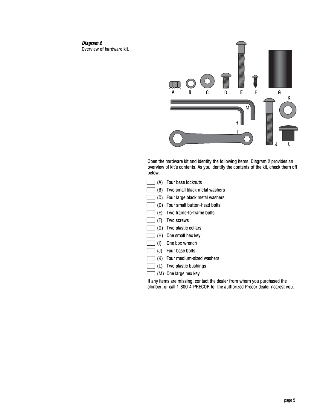 Precor 719e owner manual Diagram, Overview of hardware kit A B C D E F G K M H I J L 