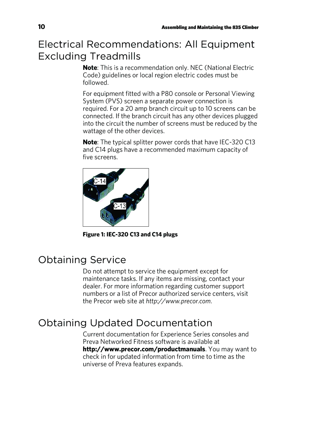 Precor 835 warranty Obtaining Service Obtaining Updated Documentation, IEC-320 C13 and C14 plugs 