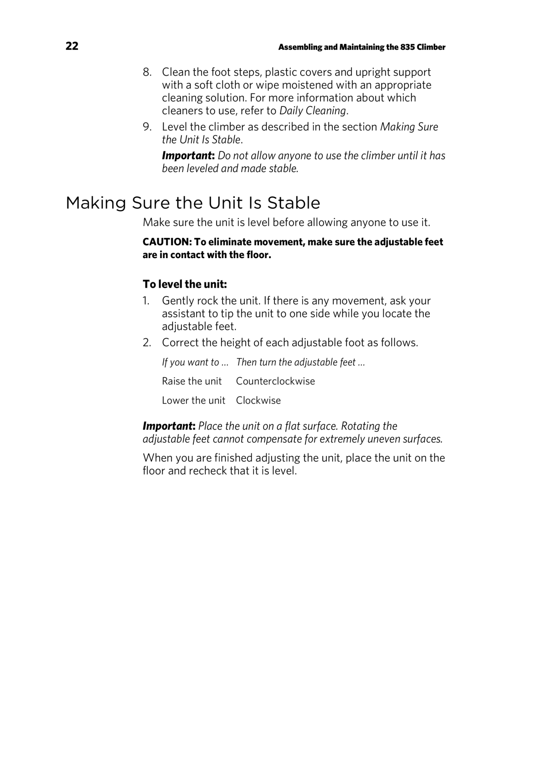 Precor 835 warranty Making Sure the Unit Is Stable, To level the unit 