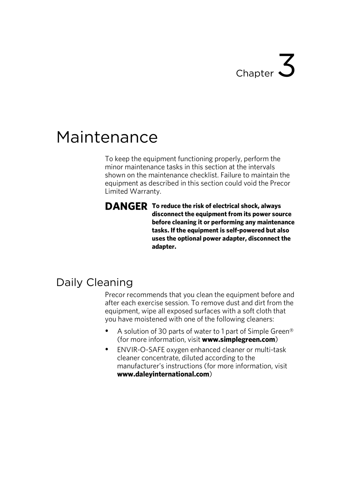 Precor 835 warranty Maintenance, Daily Cleaning 