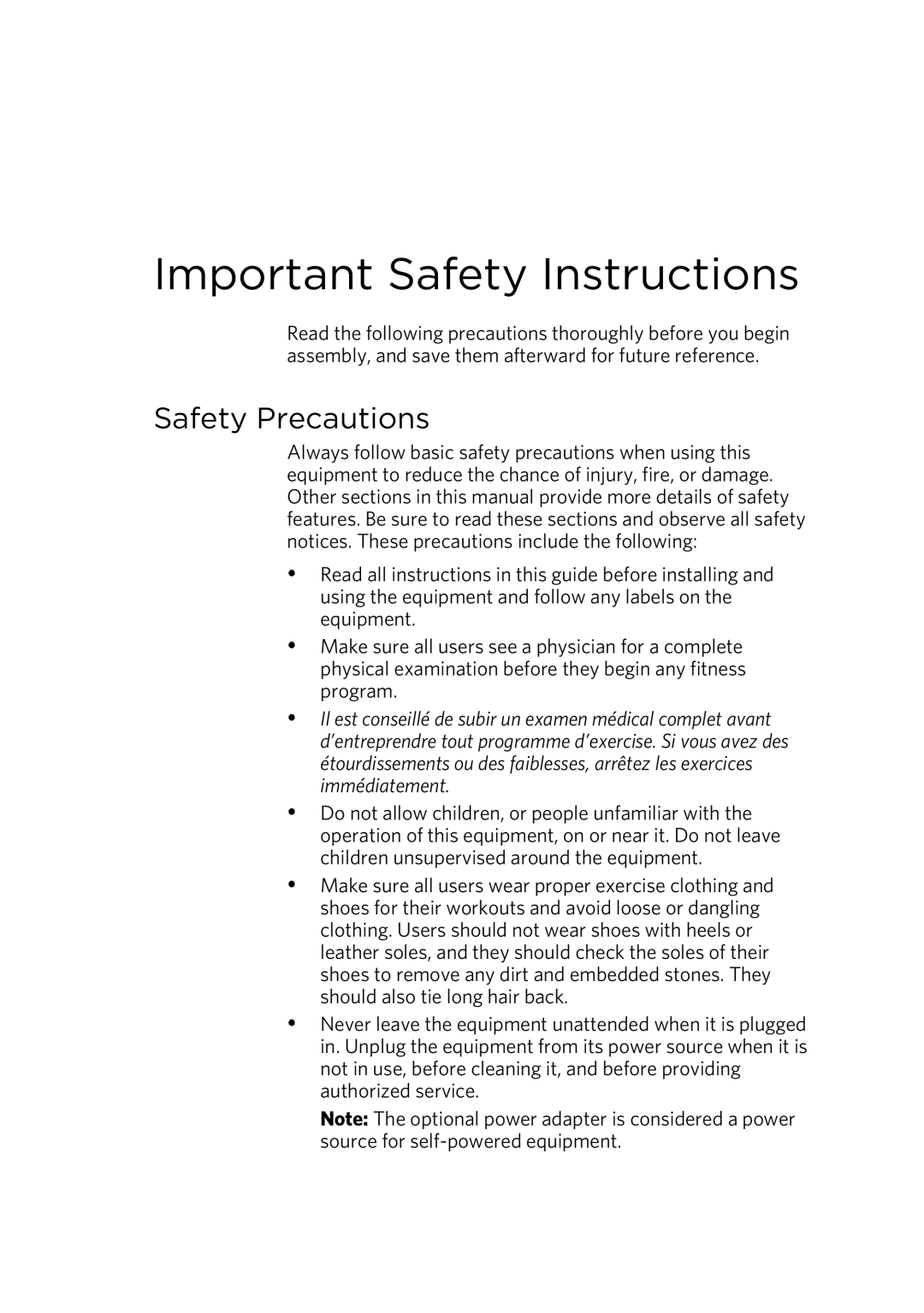 Precor 835 warranty Important Safety Instructions, Safety Precautions 