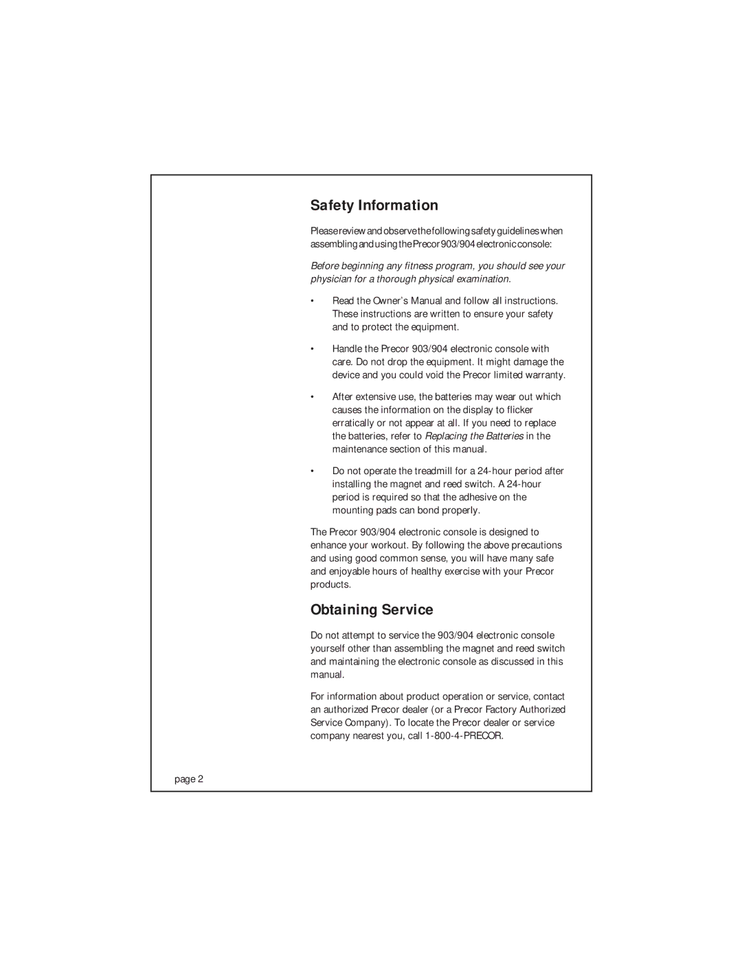 Precor 903 owner manual Safety Information, Obtaining Service 