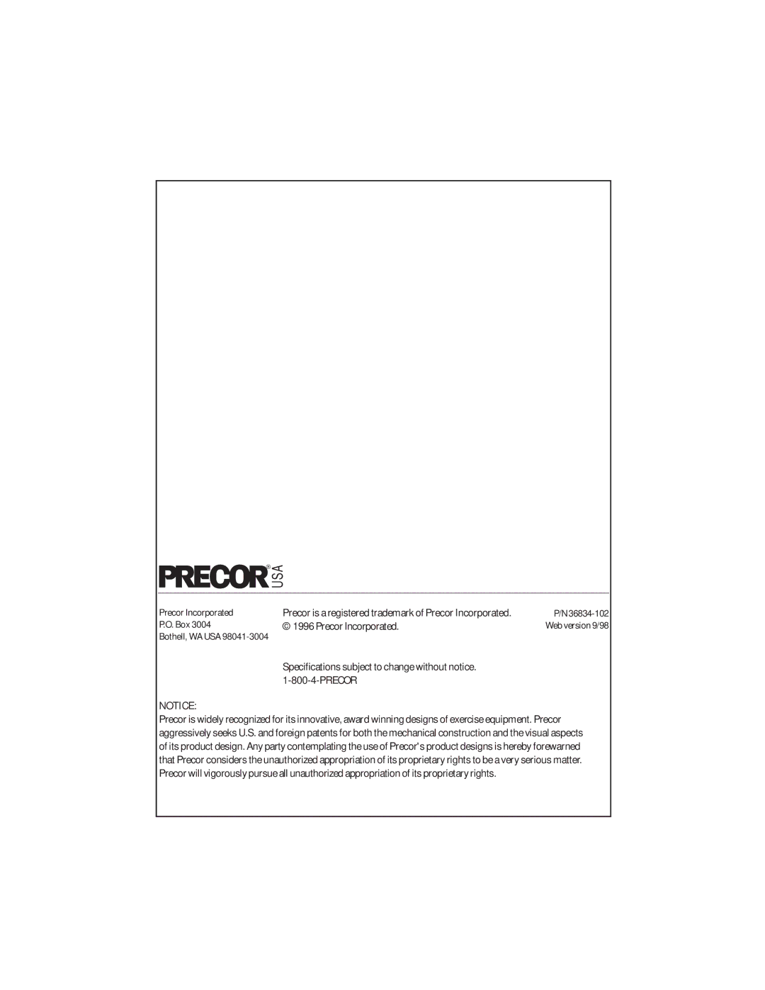 Precor 903 owner manual Usa 