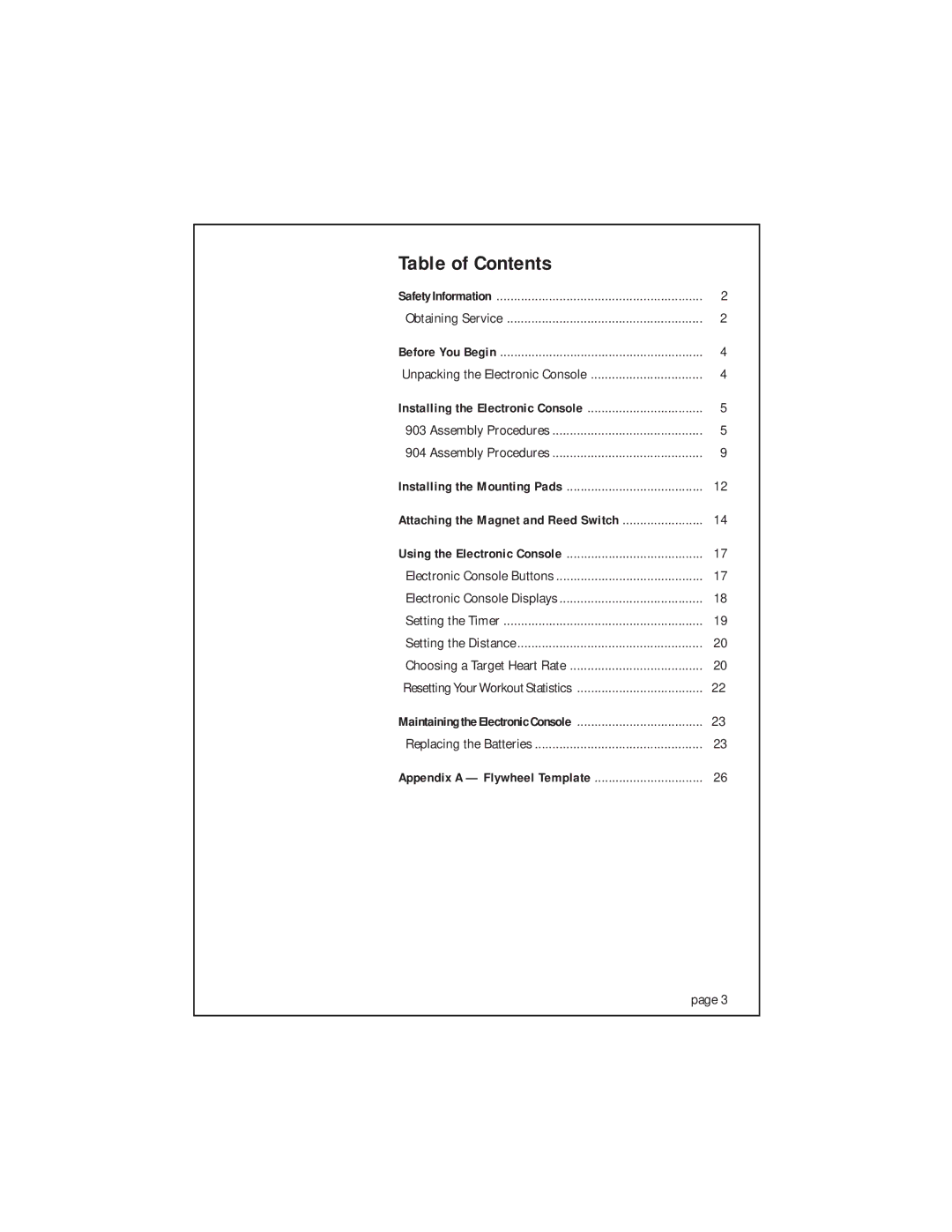 Precor 903 owner manual Table of Contents 