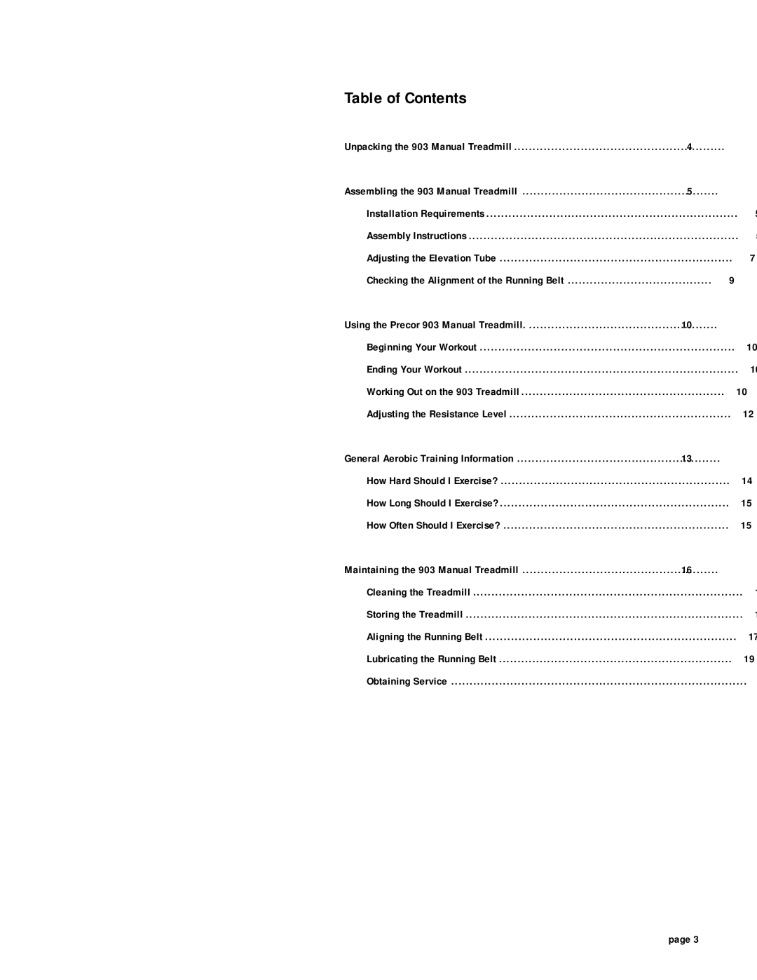 Precor 903 owner manual Table of Contents 