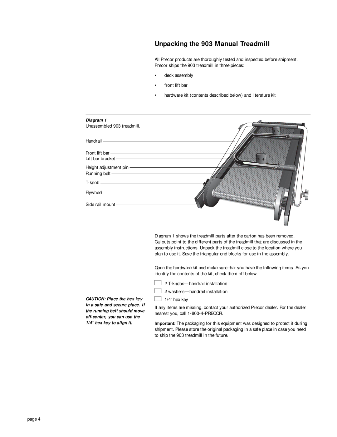 Precor owner manual Unpacking the 903 Manual Treadmill, Diagram 