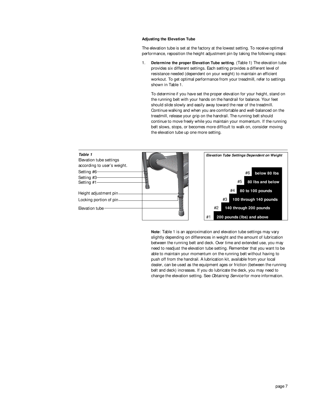 Precor 903 owner manual Adjusting the Elevation Tube 