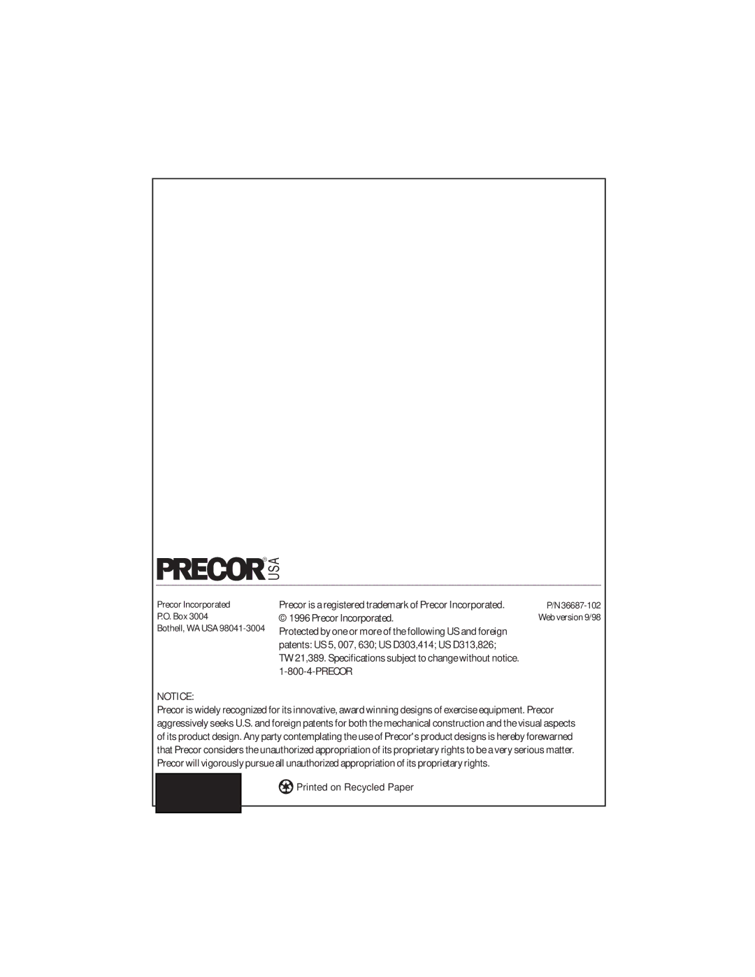 Precor 903 owner manual Usa 