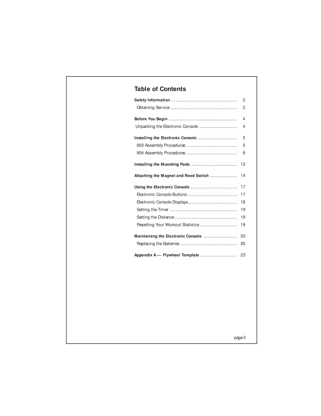 Precor 903 owner manual Table of Contents 