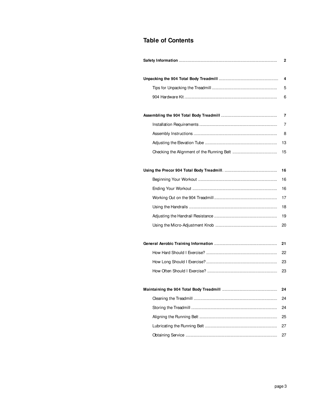 Precor 904 owner manual Table of Contents 