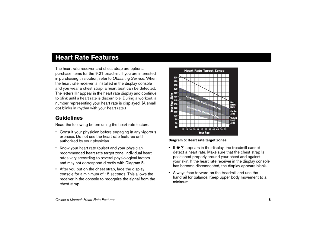 Precor 9.21 manual Heart Rate Features, Guidelines 