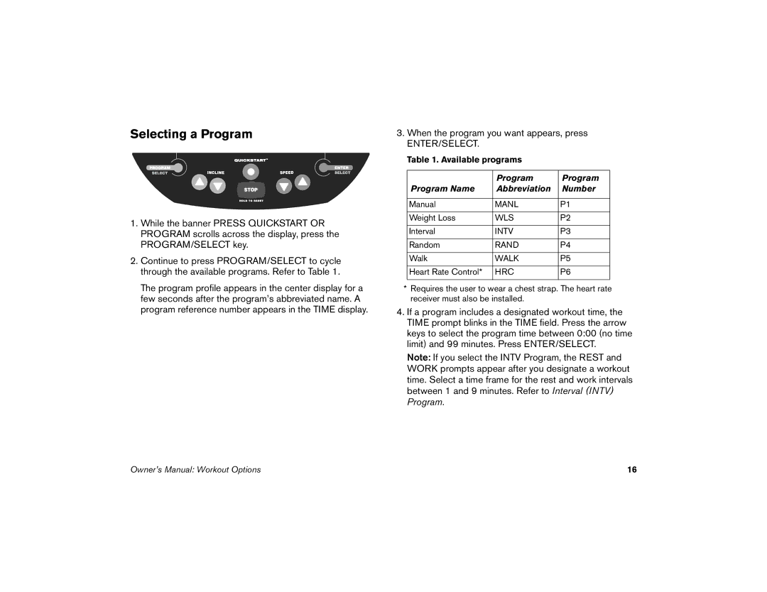 Precor 9.21 manual Selecting a Program, Enter/Select 