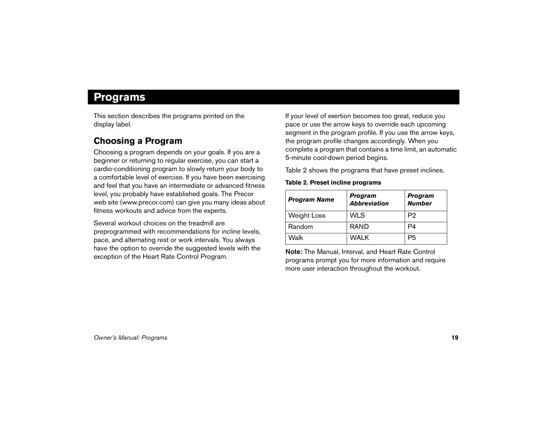 Precor 9.21 manual Programs, Choosing a Program 